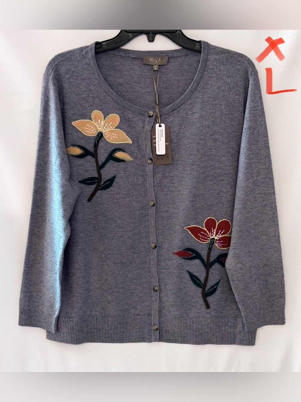 Gray Floral Appliqué Button-Front Cardigan